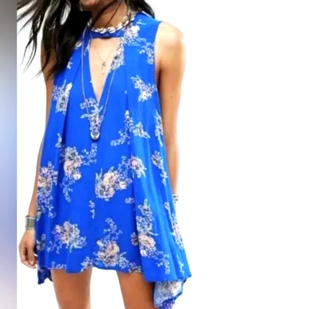 Free People Snap Out of It Blue Floral Medium Boho Tunic Dress